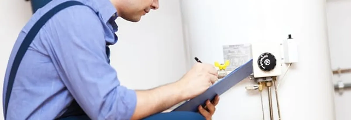 Water heater repair technician inspecting the unit and recording service notes in Rockford, IL
